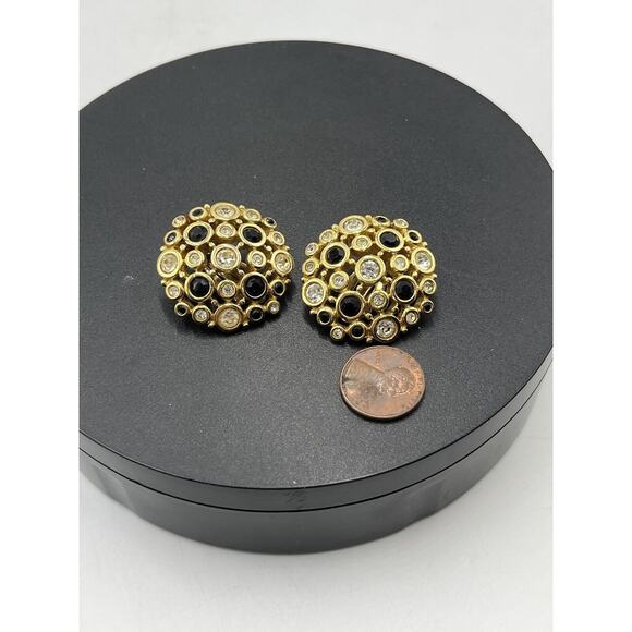 SWAROVSKI Swan Vintage Large Round Black, Clear Crystal Gold Tone Clip Earrings - Picture 14 of 16